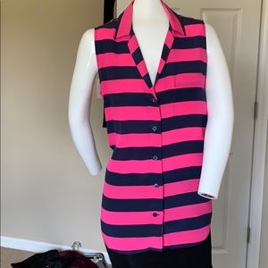 EQUIPMENT FEMME Collared Button Down Sleeveless Pink Navy Striped Shirt Top EC S
